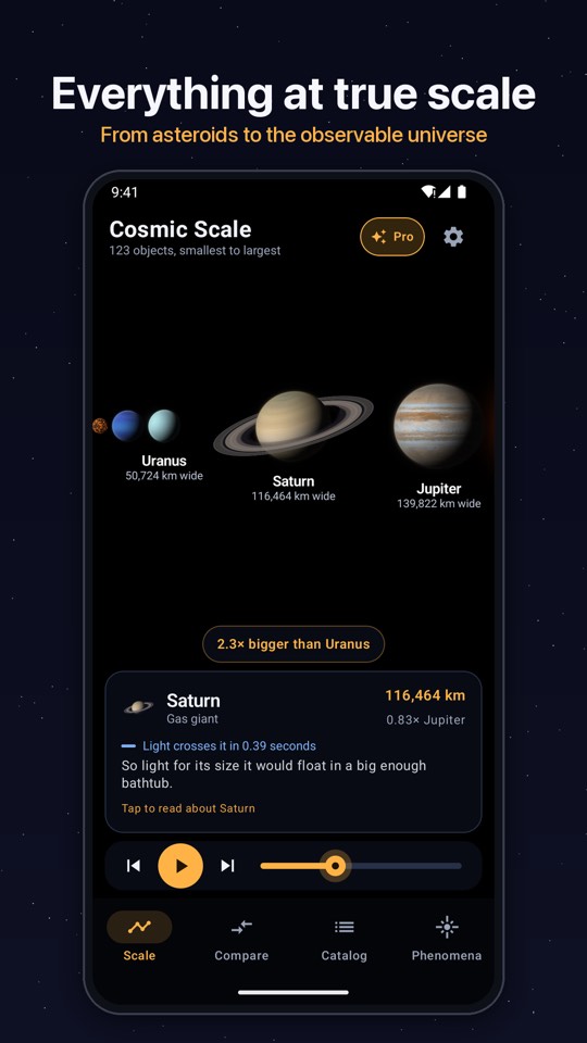 Cosmic Scale: objects lined up from smallest to largest at true size